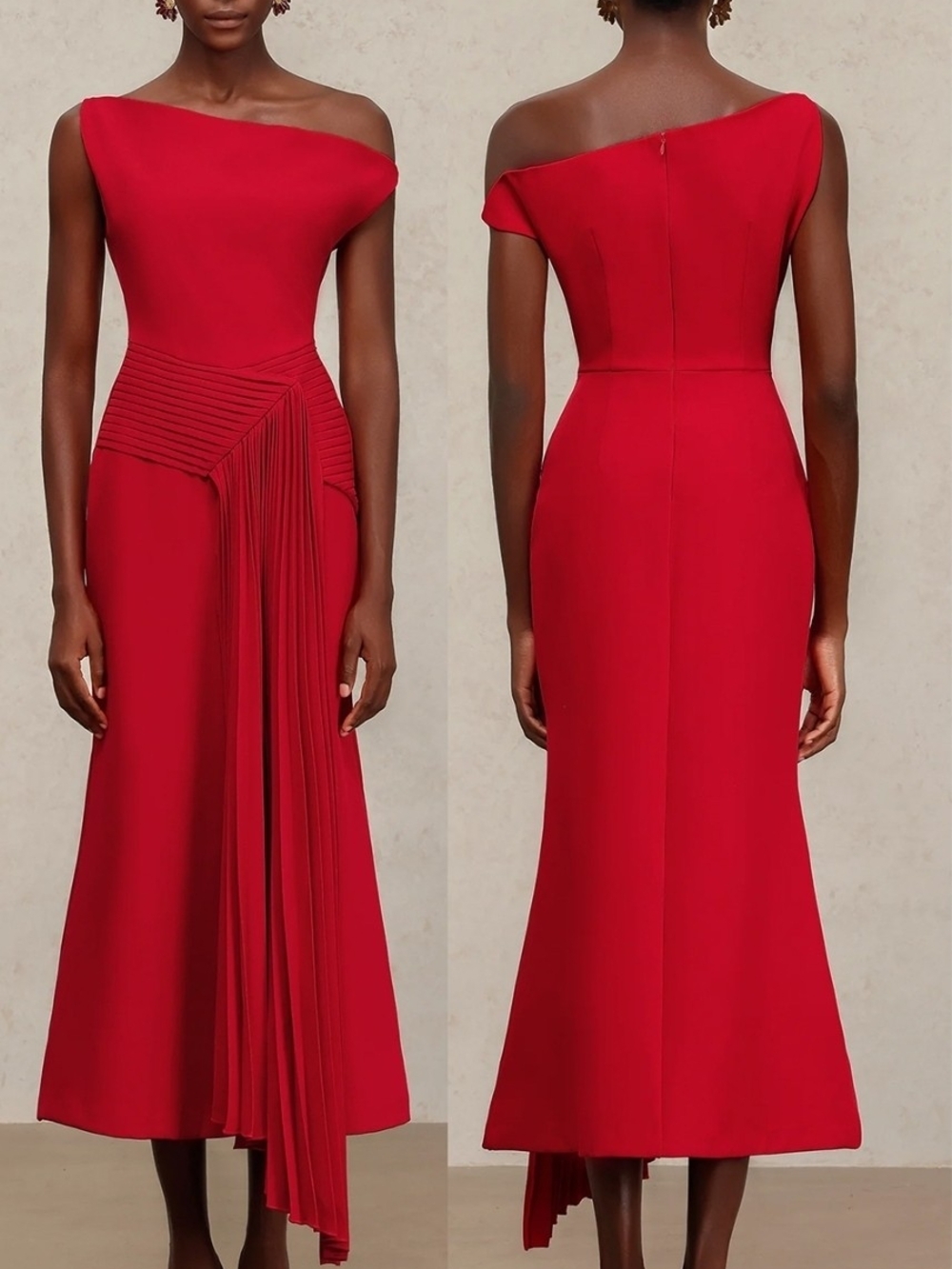 Elegant One-Shoulder Red Midi Dress